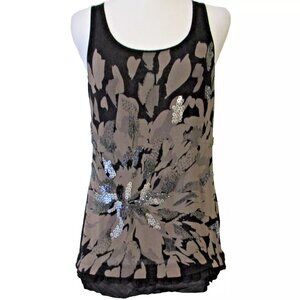 Ted Baker Silk Beaded Top, XS, Black Silk, Floral, Racer Back, Ruffle